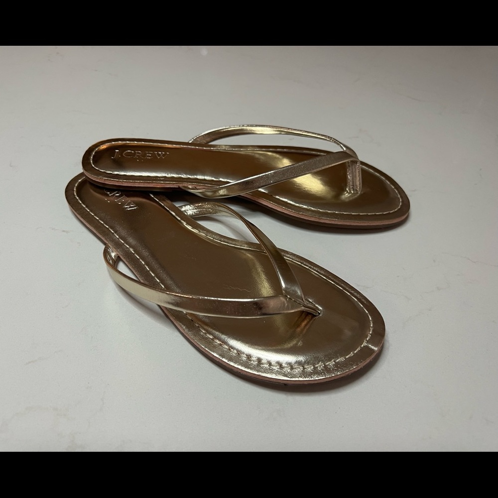 J. Crew leather flip flops in gold, size 6